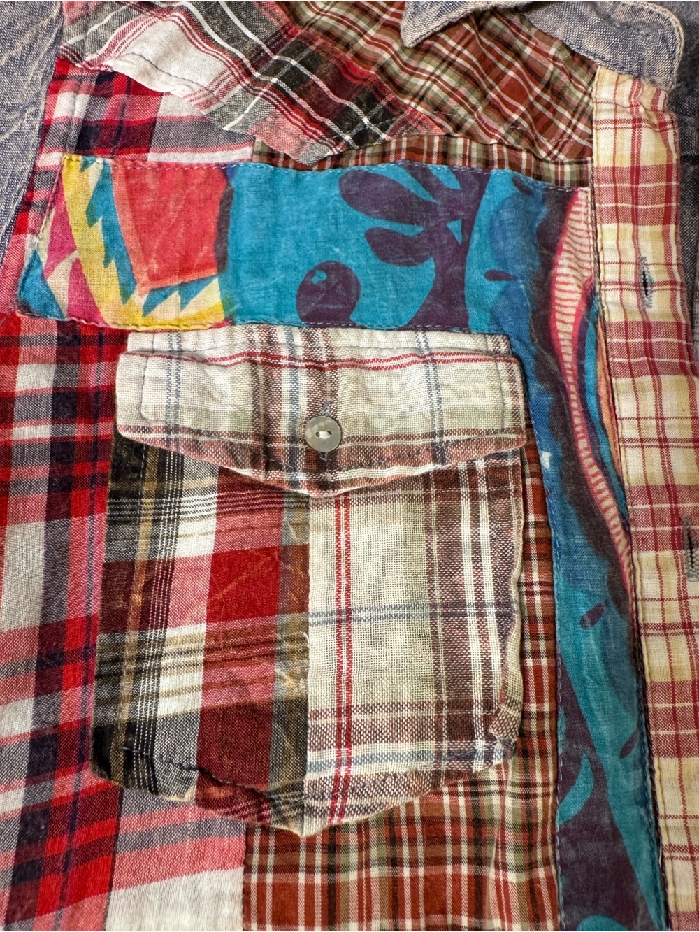 Sundance Medium Patchwork Plaid Floral Chambray Denim Button Down Boho Shirt - Picture 4 of 13